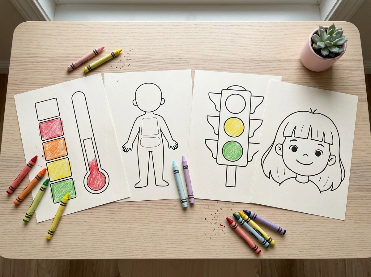 Ausgedruckte Blätter: Thermometer, Körper, Streit-Ampel und Mias Gesicht