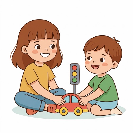 Mia und ihr Bruder teilen ein Spielzeugauto